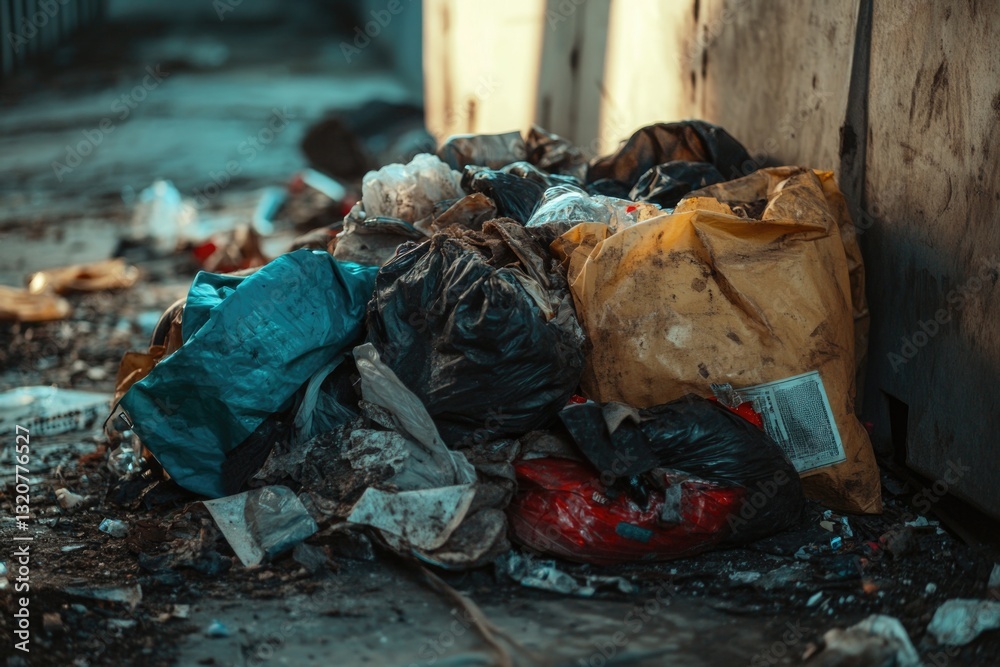 Poster a pile of garbage sits next to a urban wall, perfect for depicting neglect or abandonment in an imag