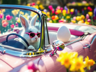 Stylish easter bunny in glasses on a pink retro car with eggs. Fun holiday and spring concept