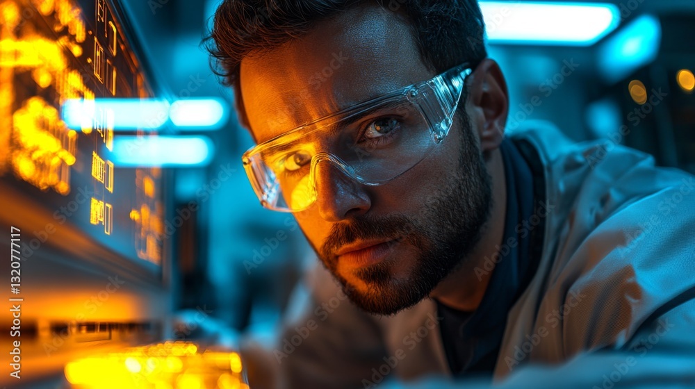 Poster a technician in safety glasses inspects complex automation controls in a steel production facility. 