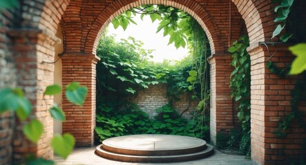 Serene Brick Archway with Circular Platform and Green Vista.