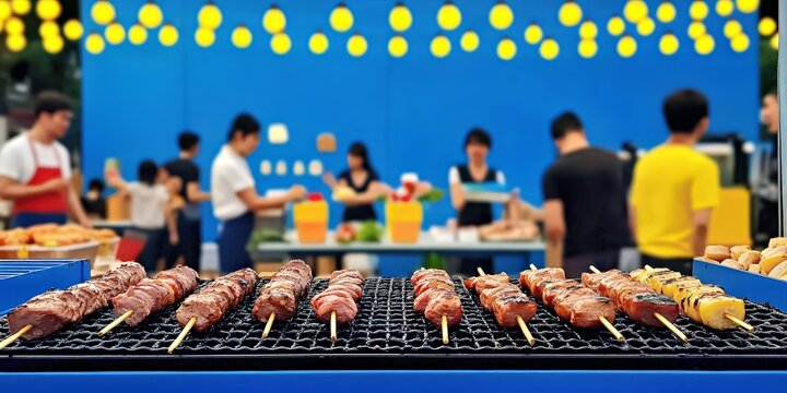 Outdoor barbecue on a grill with skewers and meat. Charcoal BBQ cooking at a festival party. Skewers and food enhance dining enjoyment. Night event, vibrant lights, culinary delight.