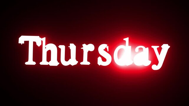 Thursday glowing neon text animation on black background 4k video. Render 4K Full and HD video footage. - Stock Video.