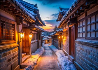 Fototapeta premium Bukchon Hanok Village Winter Alleyway: Low Light Photography