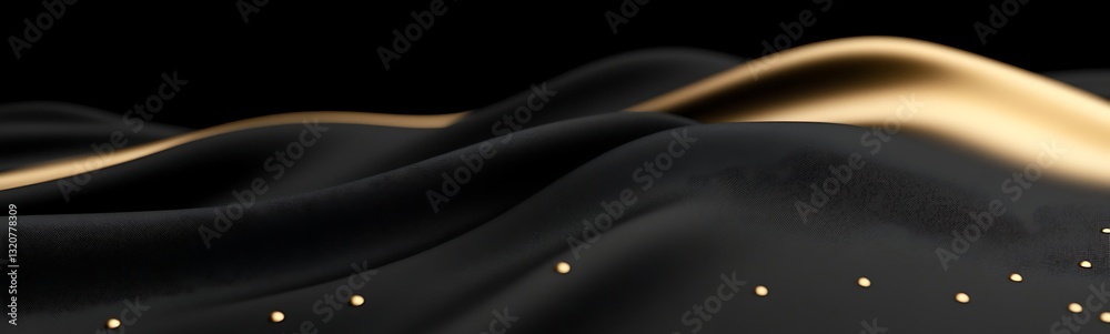 Poster Abstract waves of black and gold with shimmering details on a dark background.