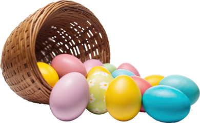 colorful easter eggs in a basket on a transparent background