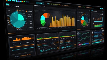 A high-tech dashboard showcasing financial statistics with vibrant pie charts, percentage markers, and trend analysis.