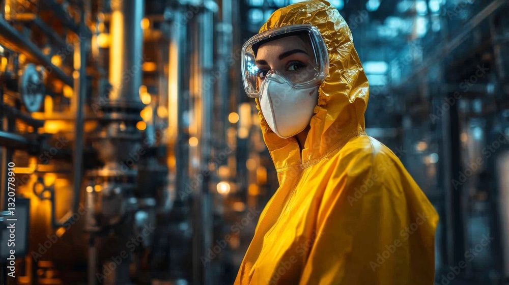 Poster a worker in a yellow protective suit and mask monitors automated equipment in a petrochemical refine