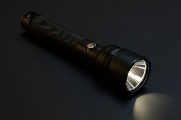 A black flashlight shines brightly on a dark surface
