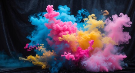 Dynamic burst of colorful smoke particles abstract art digital creation dark background creative perspective.