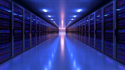 Fototapeta premium Futuristic Data Center with Rows of Servers and Blue Illumination