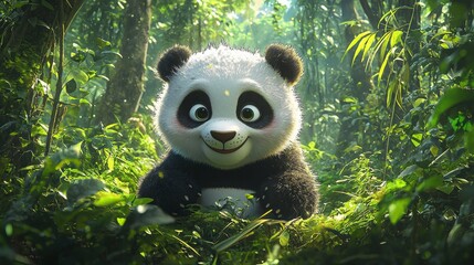 Obraz premium A cheerful panda sits amidst lush green foliage, embodying the peaceful beauty of its natural habitat.