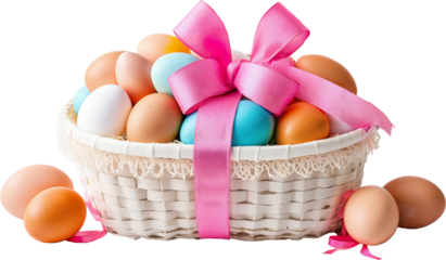 colorful easter eggs in a basket on a transparent background