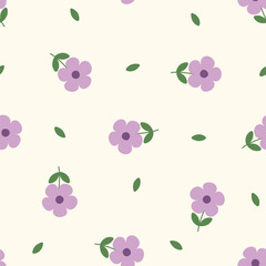 Seamless simple floral pattern of purple flowers and leaves in flat style on calm background. Botanical texture. Floral background.