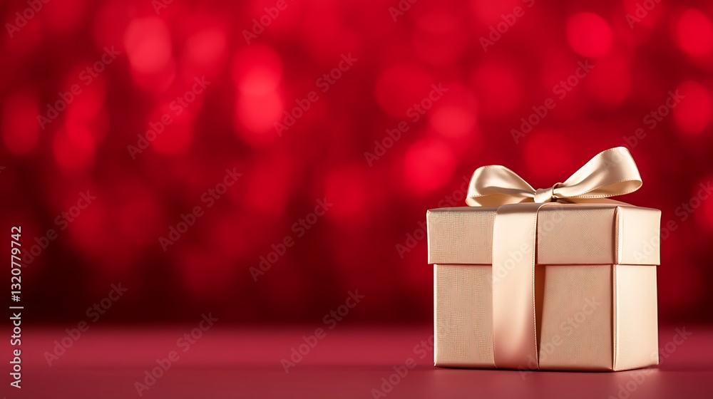Aufkleber gift box on red background with festive bokeh lights.