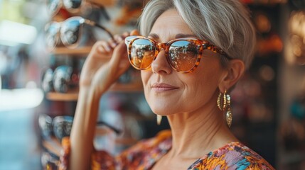 A middle-aged woman in her fifties is trying on trendy sunglasses, smiling with delight while browsing in an upscale accessories shop on a bright afternoon
