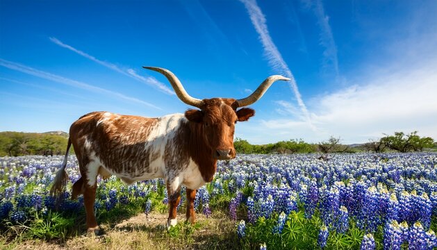 a bluebonnets field with longhorns cow with blue sky