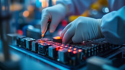 A technician in gloves works meticulously on a circuit board, adjusting components under vibrant blue lighting in a high-tech environment.