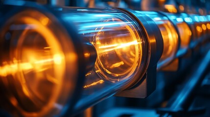 A close-up view of illuminated tubes emitting warm orange light, set against a dark background, showcasing a high-tech environment.