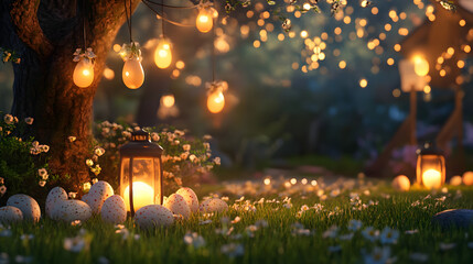 A peaceful Easter evening with family members sharing a quiet moment, surrounded by soft lighting and decorated Easter eggs.