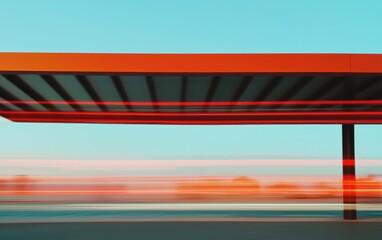 Abstract Gas Station with Red Light Trails at Night