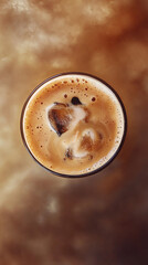 Iced coffee top view with ice cubes in creamy foam on brown background. Top view. Vertical banner. Isolated glass with coffee cocktail. 
