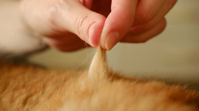 Close up of a pet owner gently removing a clump of loose fur from their shiba inu dog during molting season, highlighting the process of shedding and grooming