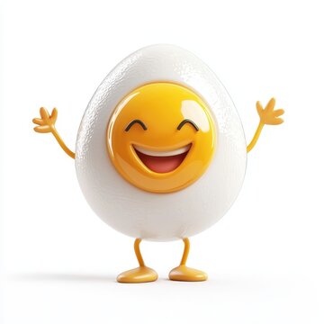 Friendly fried egg with a round yolk face and tiny arms, isolated on clear white background