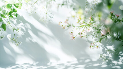 A delicate product showcase setup, featuring blurred natural shadows of summer flowers on a white surface