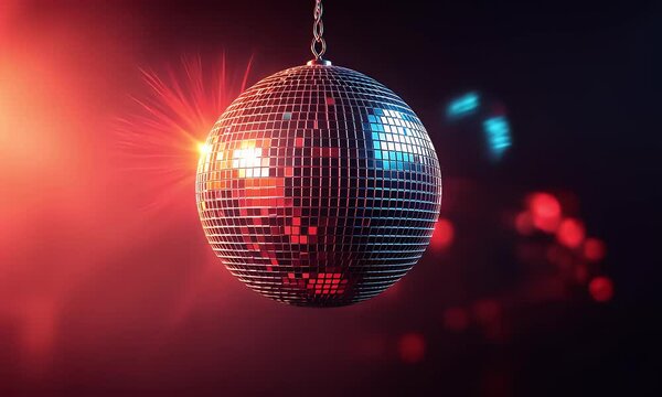 Disco ball hanging, reflecting light, dark background, party atmosphere, nightlife event promotion
