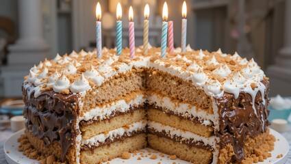 Delicious birthday cake with layers, frosting, and candles, perfect for celebrations and special occasions.