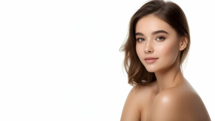Obraz premium Pure Serenity in Light: A Young Woman’s Portrait, Lit at 45 Degrees, Crisp with Bokeh, Negative Space Left, Ideal for Skincare Branding and Editorial Excellence
