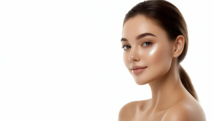 Fototapeta premium Calm Elegance Unveiled: Studio Portrait of a Young Woman, Soft Shadows at f/2.8, 50% Negative Space Left, Polished for Skincare Promotion and Bold Refinement