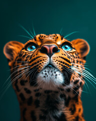 Obraz premium Majestic leopard gazes upwards with striking blue eyes and vibrant fur in a captivating close-up portrait