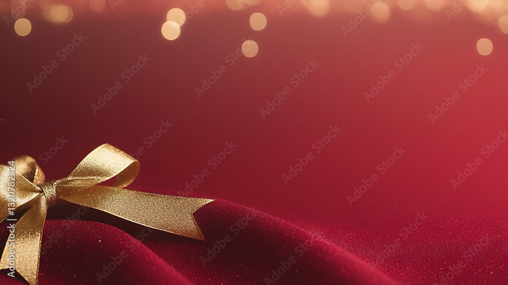 Poster Elegant red fabric with a golden ribbon and sparkling background for festive occasions.