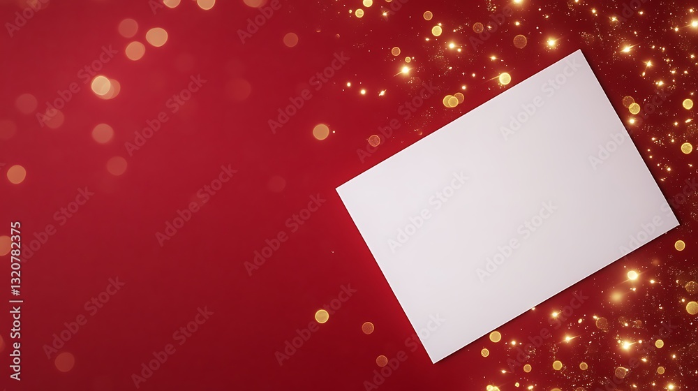 Aufkleber blank card on a festive red background with golden bokeh lights.