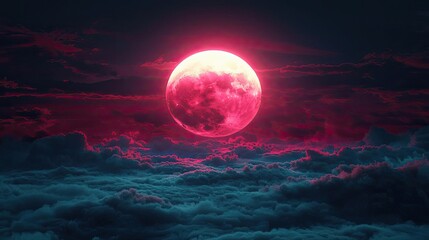 Dark sky concept. A surreal view of a pink moon rising above cloudy skies at night.