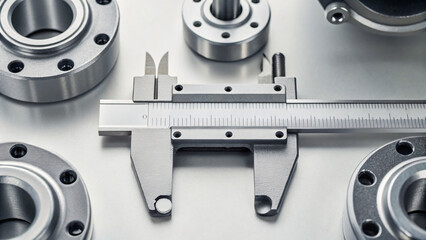 Precision Measuring Tools and Industrial Components on White Surface Background