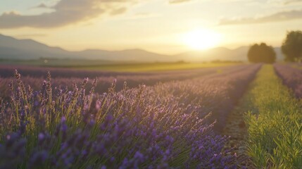 Naklejka premium Sunset over rows of blooming purple lavender in a field.