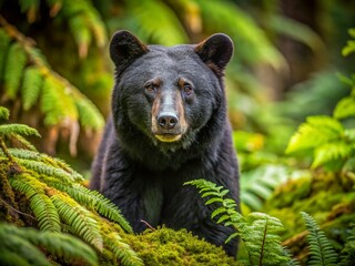 Fototapeta premium Candid American Black Bear in Ucluelet, BC Rainforest - Wildlife Photography