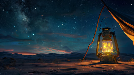 a photorealistic vintage lantern in a desert tent