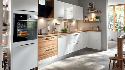 Fototapeta premium Modern White & Wood Kitchen Interior Design - Minimalist design