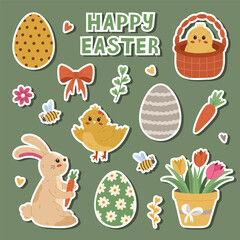 Lovely spring and Easter egg hunt sticker set for planners, notebooks. Ready for print list of cute stickers with cartoon clipart of bunny with carrot, ornate eggs tulips, basket with baby chicken.