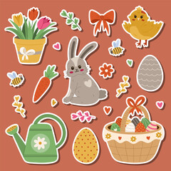 Lovely spring and Happy Easter sticker set for planners, notebooks, diary. Ready for print list of cute stickers with cartoon clipart of furry bunny, cute chick, basket with painted Easter eggs.