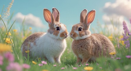 Fototapeta premium Two adorable rabbits meeting in a blooming meadow.
