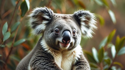 Obraz premium Smiling koala with bright eyes in a natural setting.