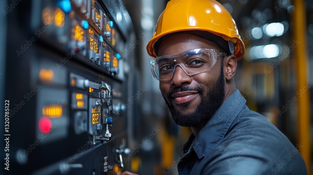 Poster Technician in safety gear operates an automated control panel at a manufacturing site, overseeing processes in a busy industrial environment. Focused on ensuring optimal performance.