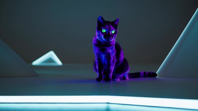 Iridescent cat glows under neon lights in futuristic geometric space