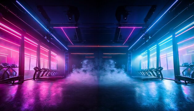 the background is an empty gym with mirrors in blue and pink neon lighting with smoke and an atmosphere of power