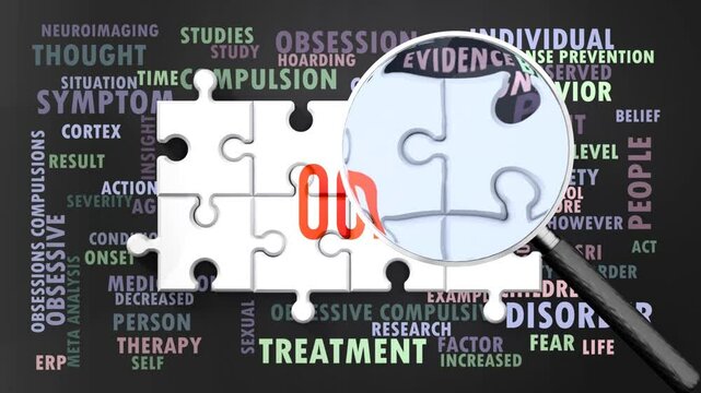 Ocd under magnifying glass, being researched, studied and examined. Most important subjects and ideas closely related to ocd written around a puzzle.Can be looped.