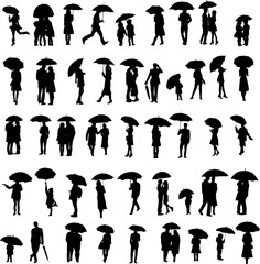 people and children under umbrellas set silhouette, vector on white background